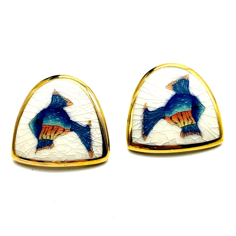 Colorful Enamel Fish Stud Earrings Gold Tone Pierced Nautical Tropical Crazed